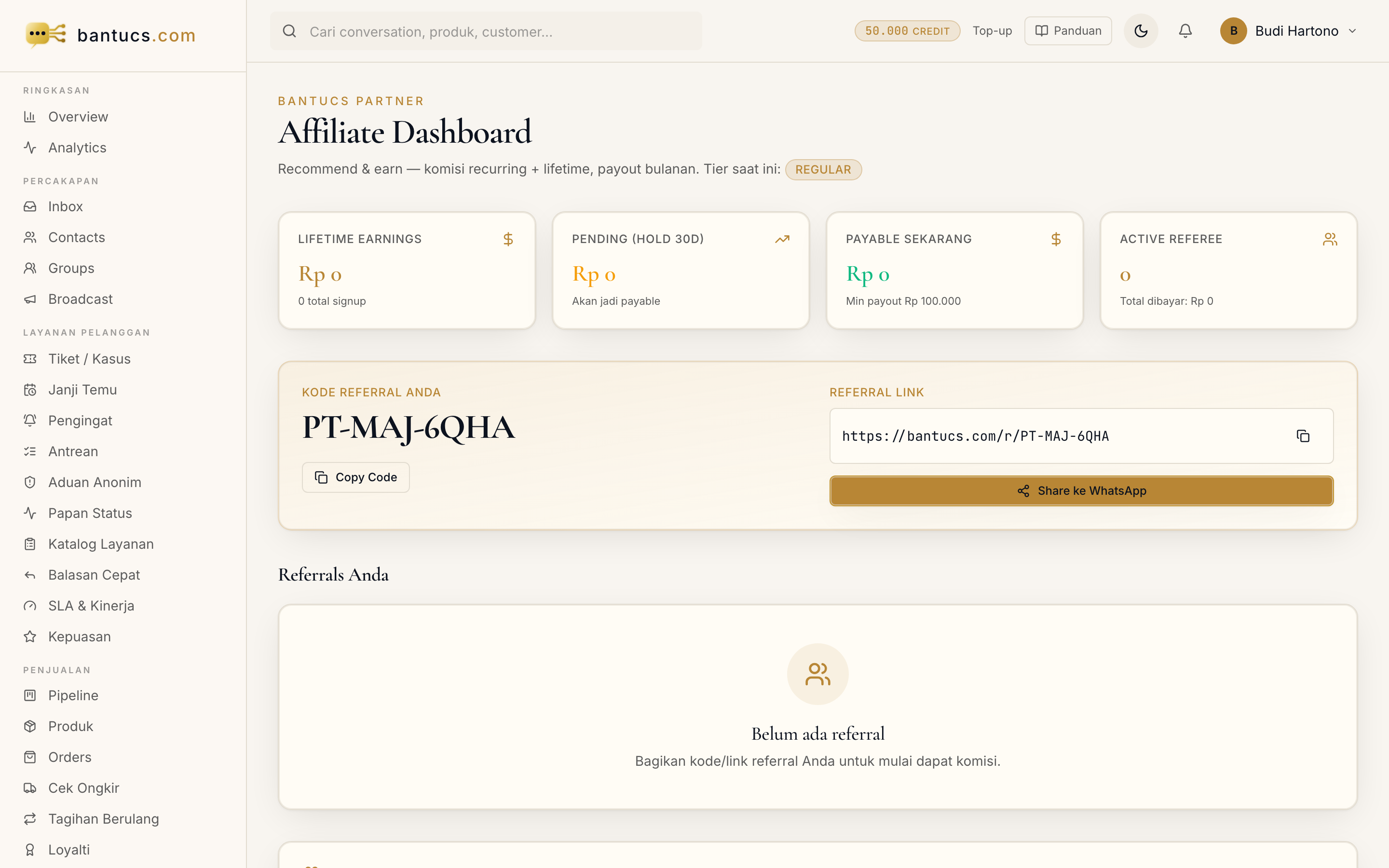 Halaman Affiliate di dashboard