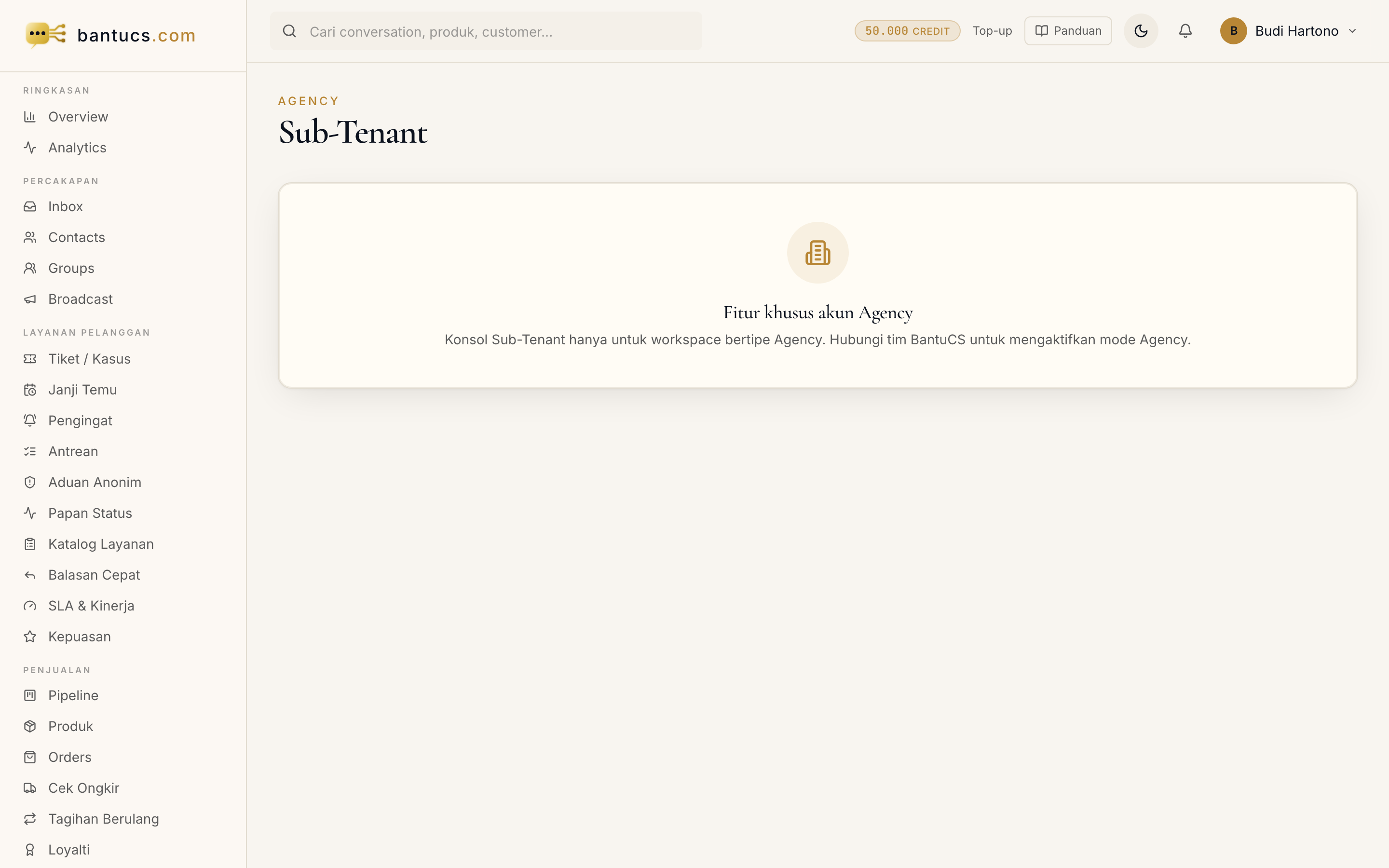 Halaman konsol Agency di dashboard
