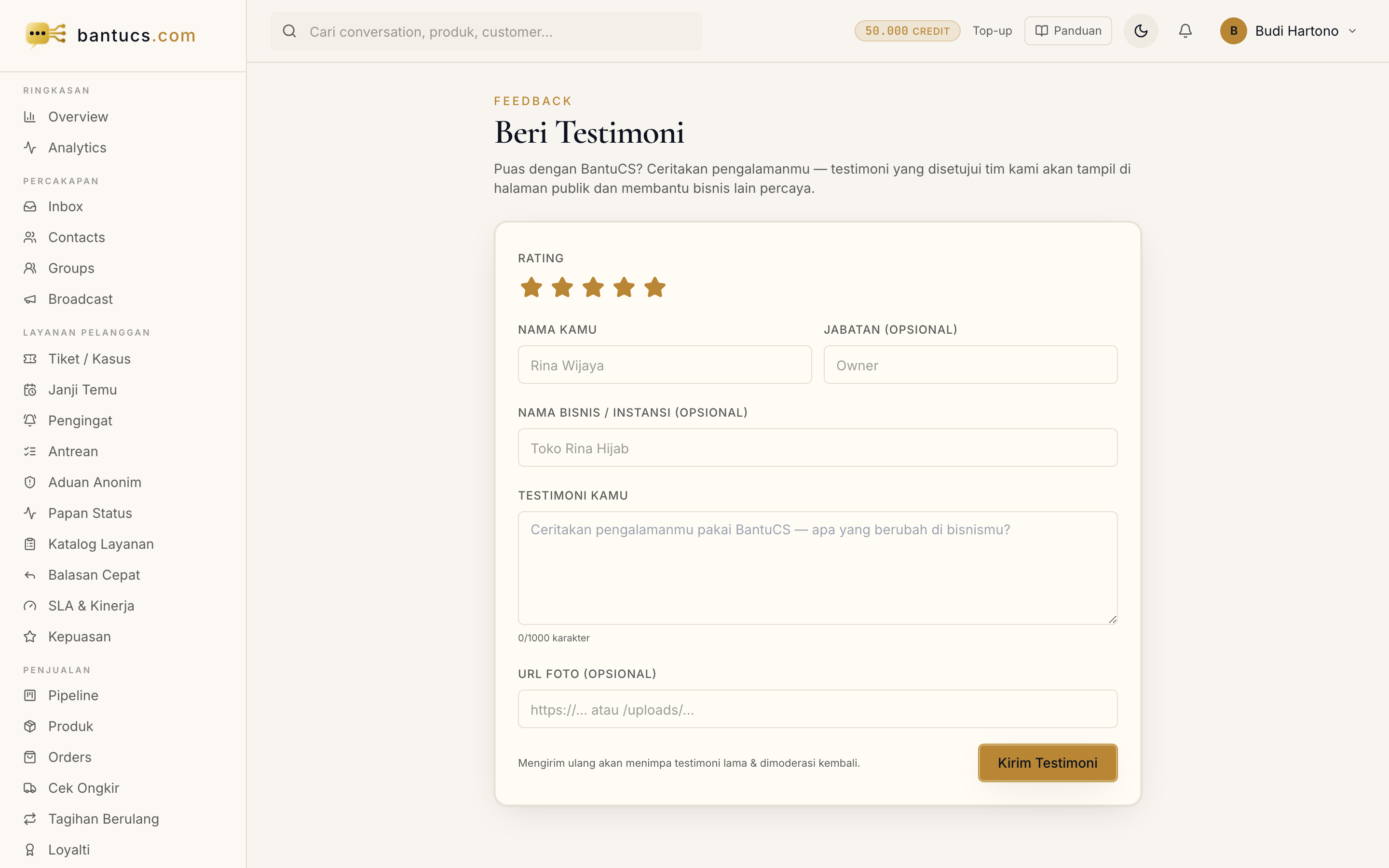 Halaman Testimoni di dashboard