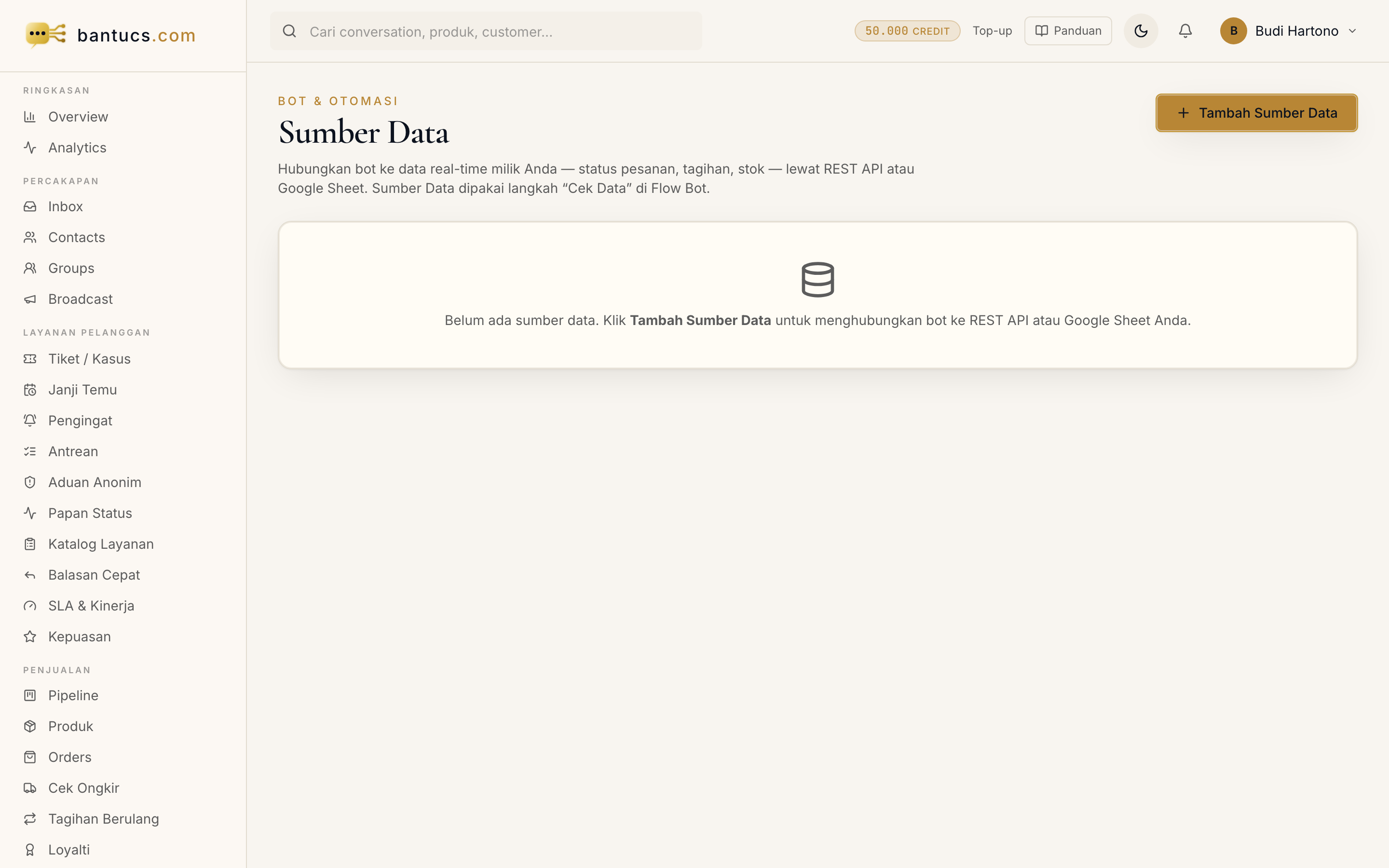 Halaman Sumber Data di dashboard