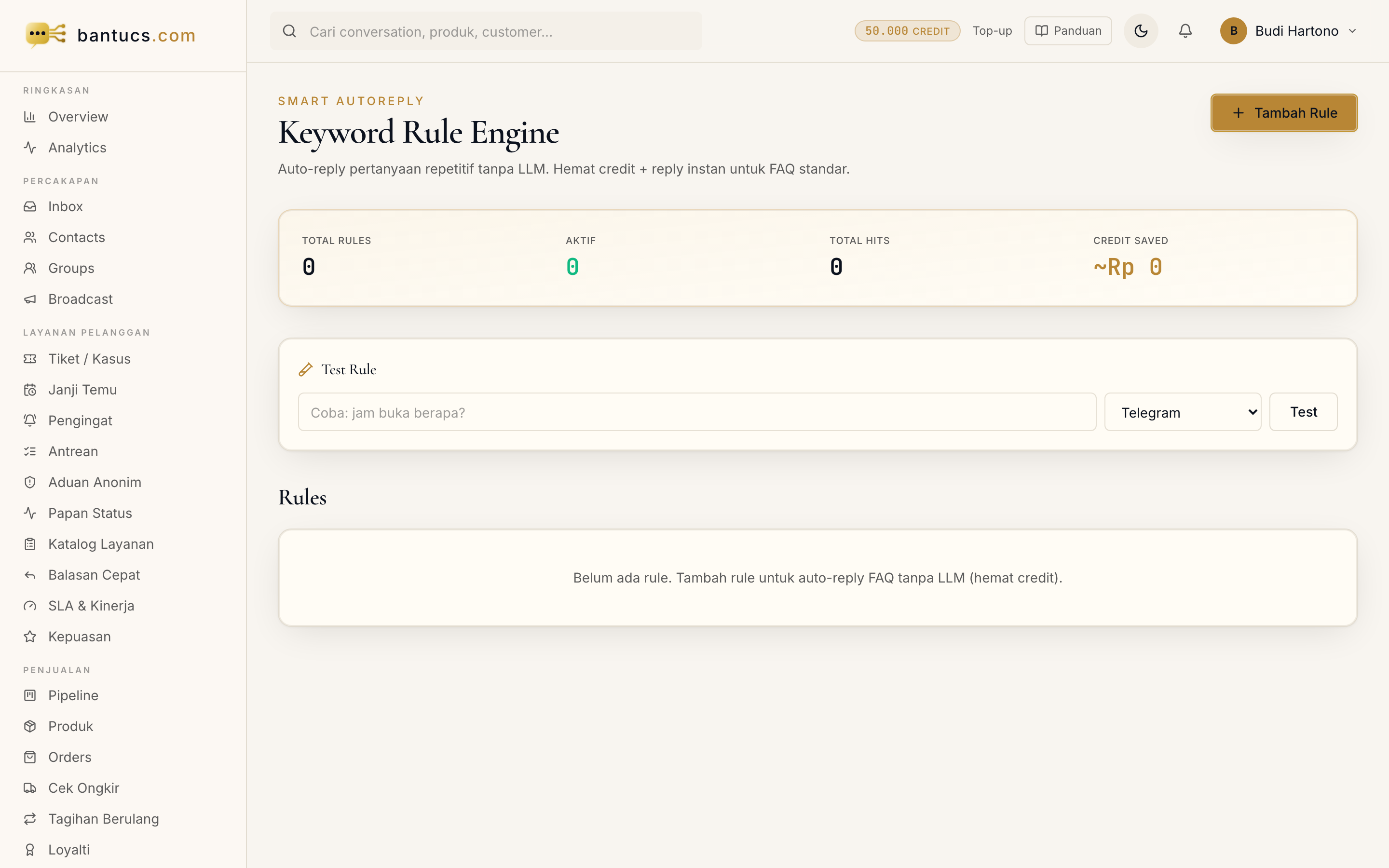 Halaman AutoReply di dashboard