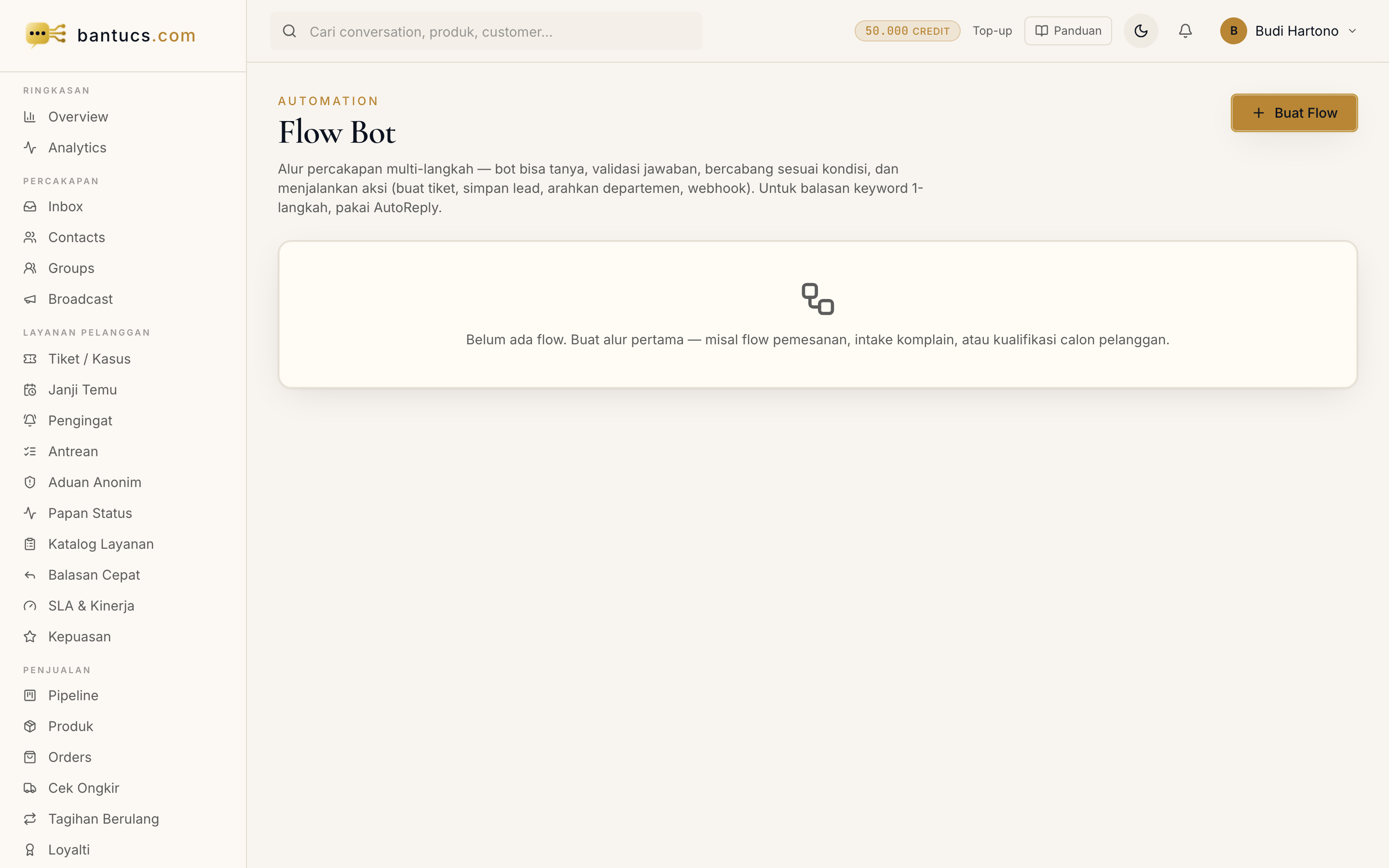 Halaman Flow Bot di dashboard