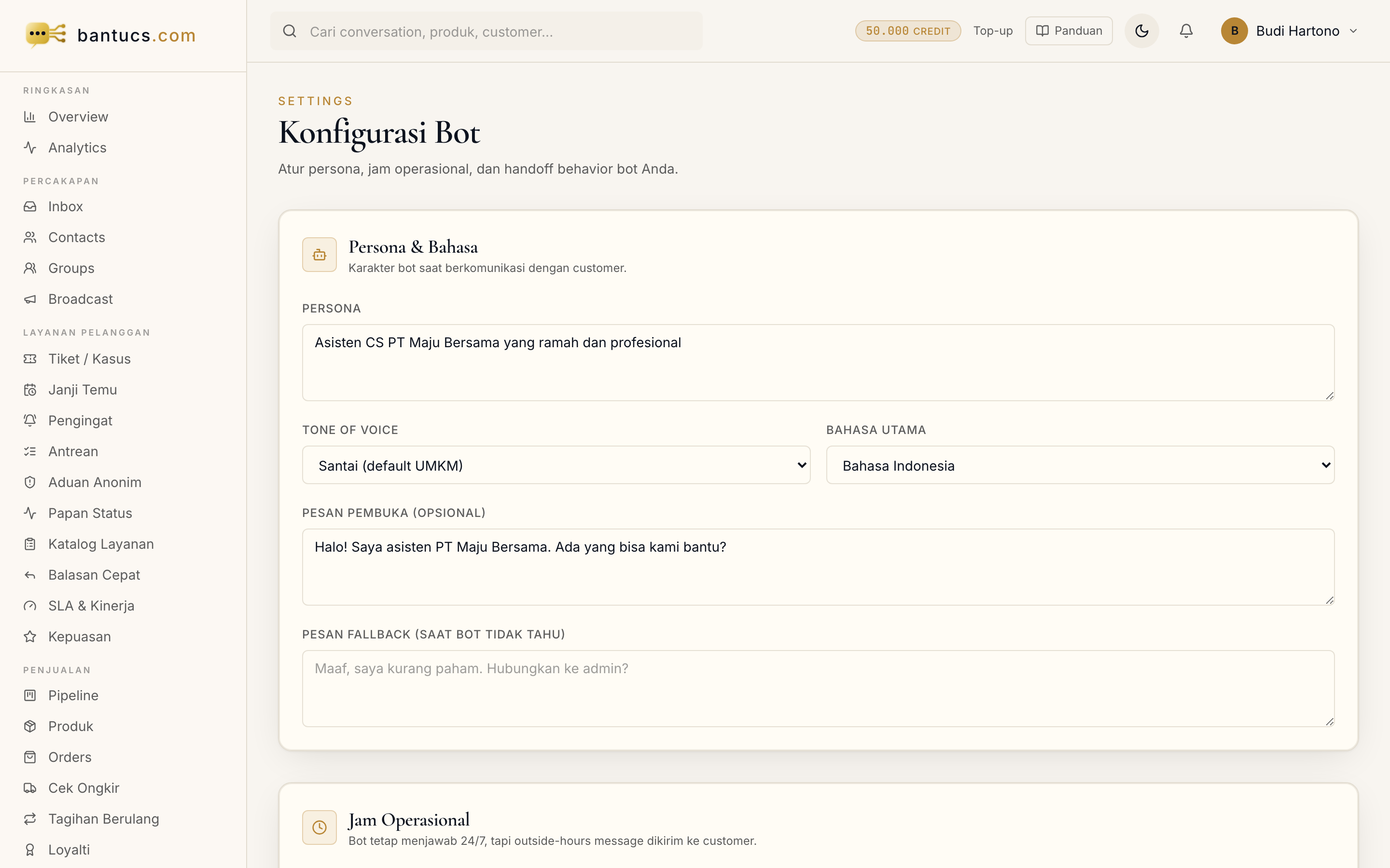 Halaman Pengaturan Bot di dashboard