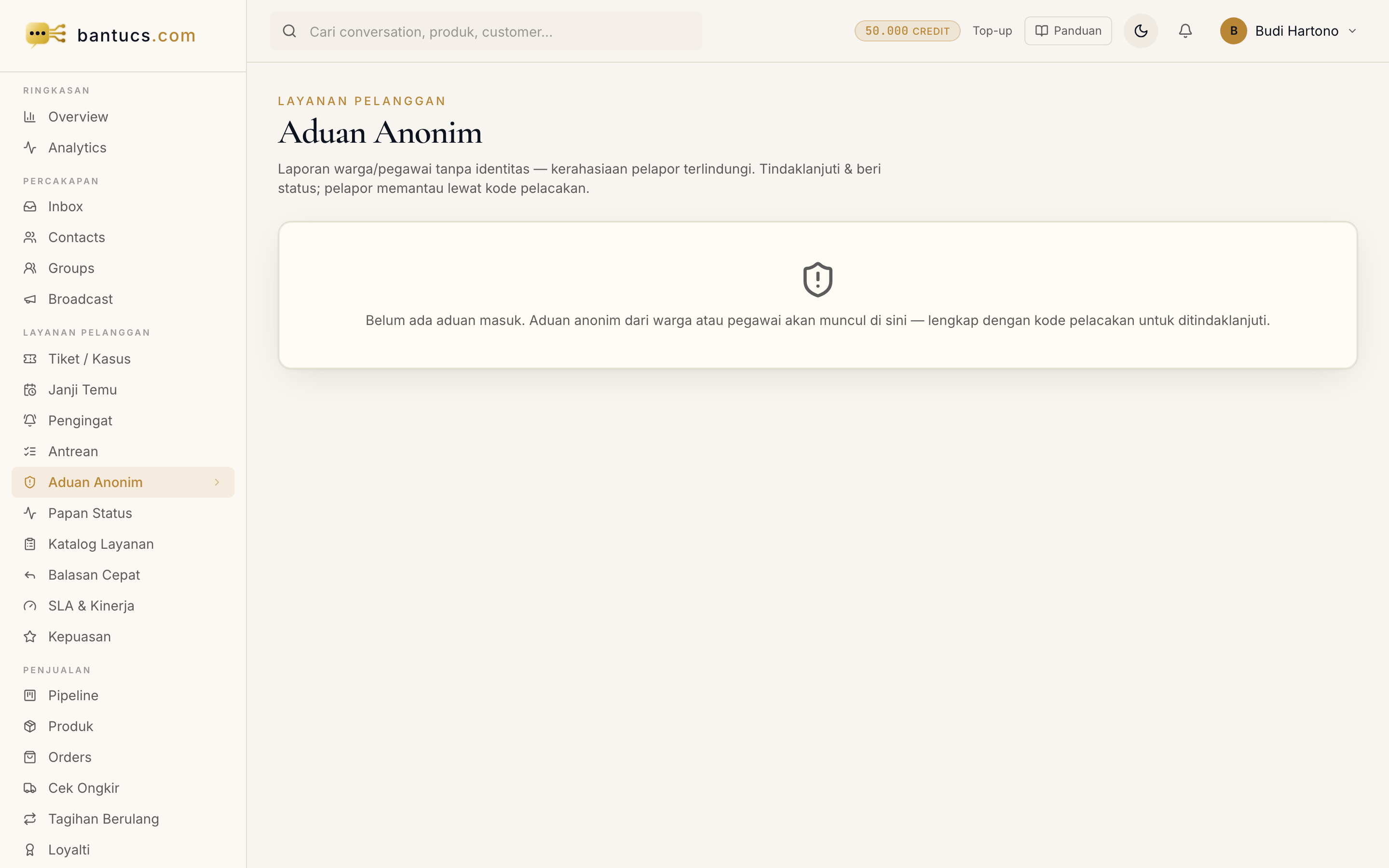 Halaman Aduan Anonim di dashboard