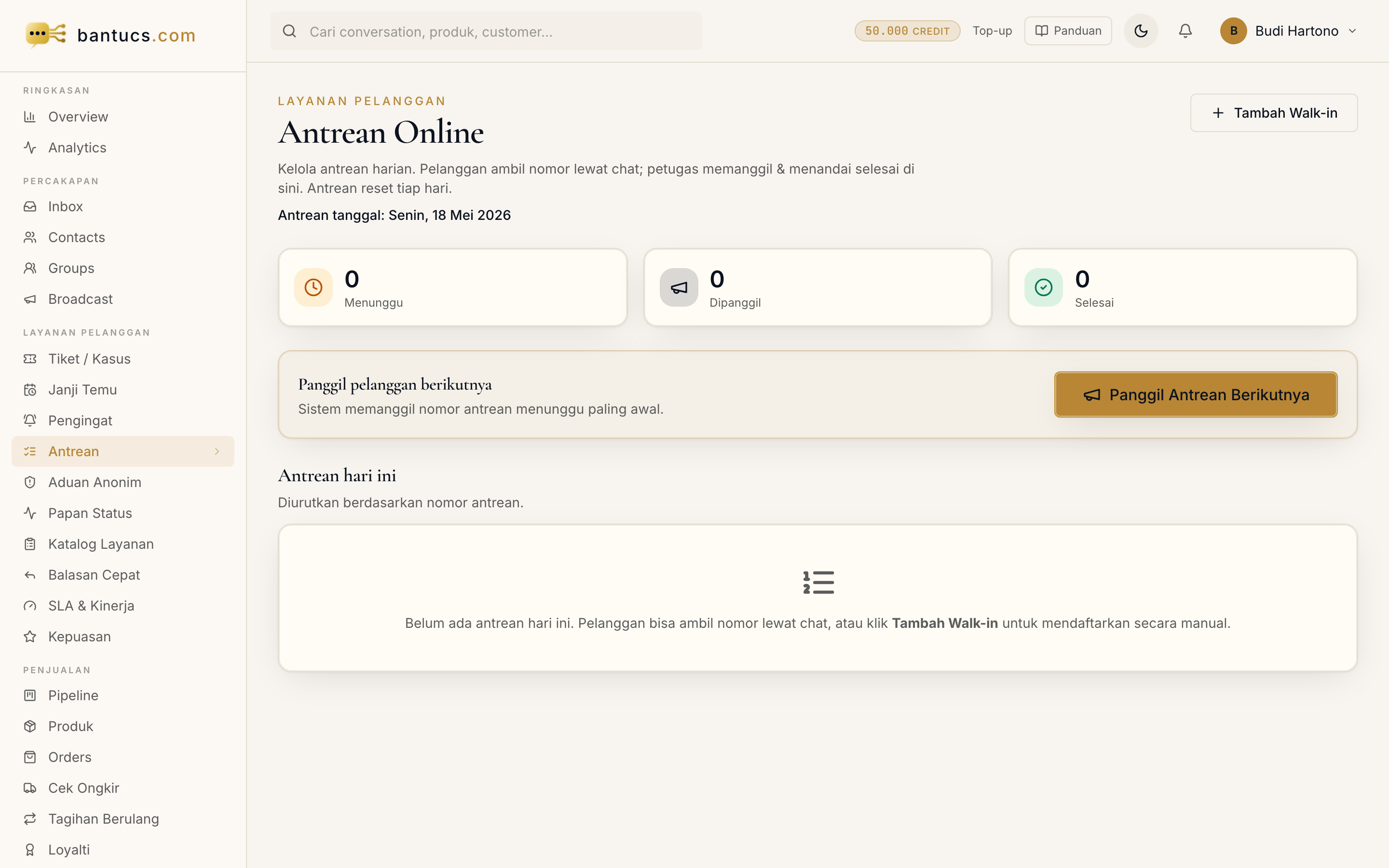 Halaman Antrean di dashboard