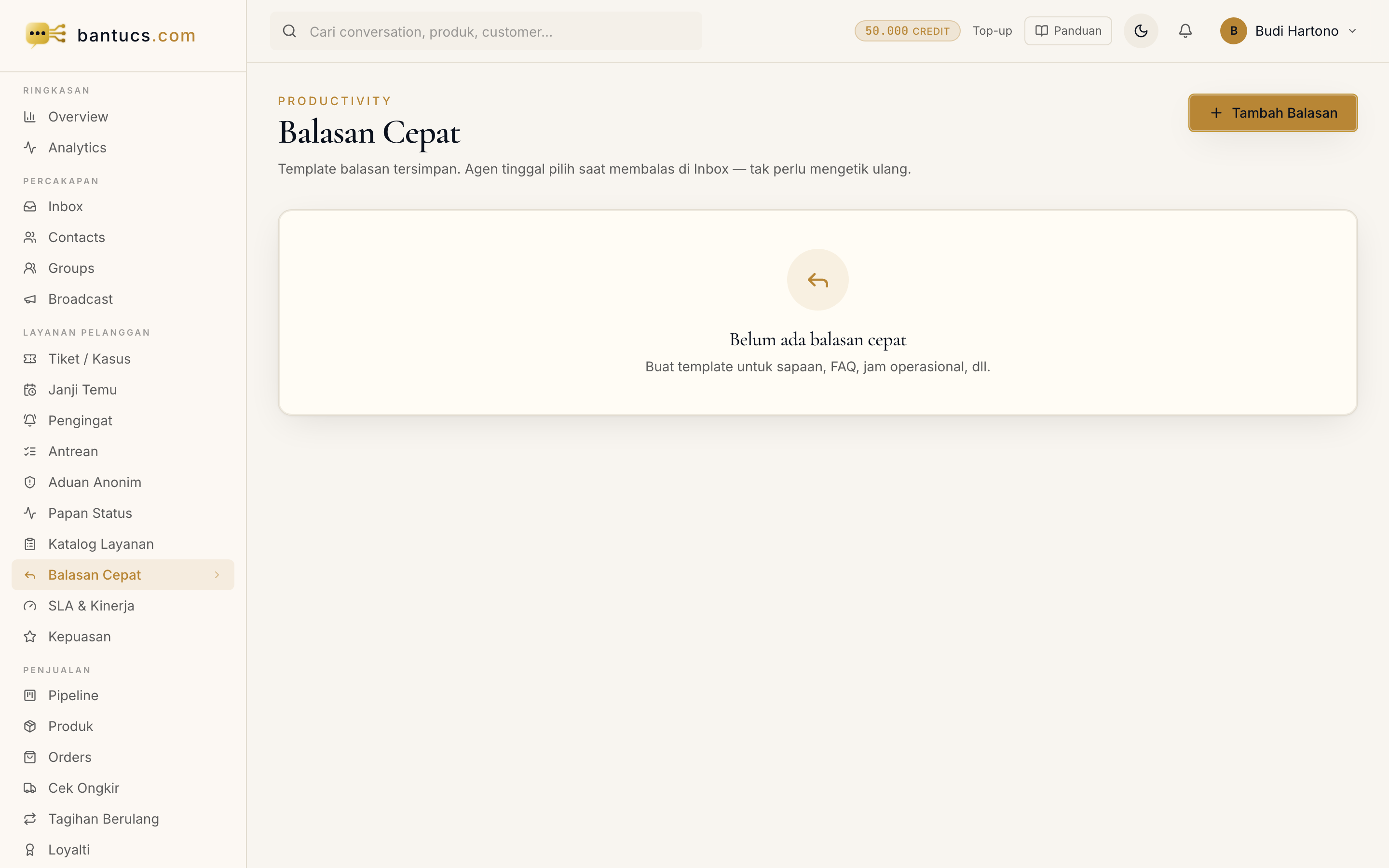 Halaman Balasan Cepat di dashboard