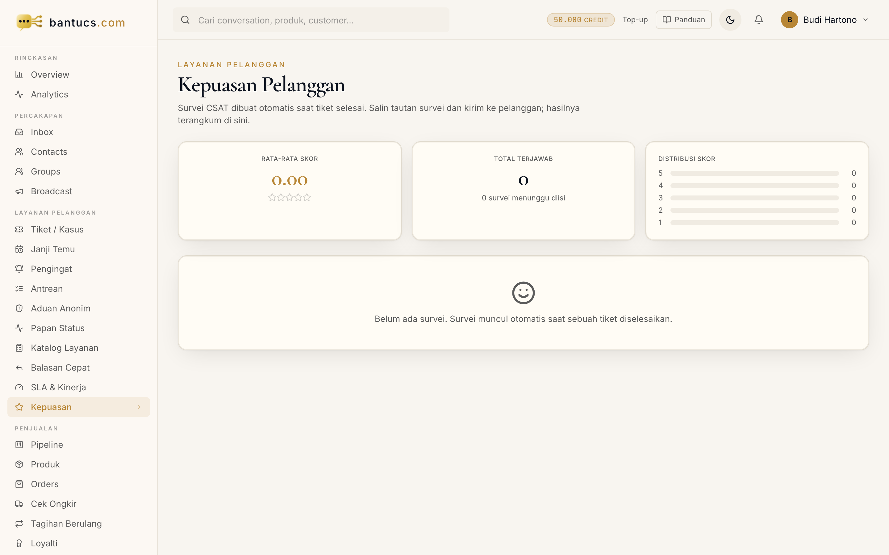 Halaman Kepuasan (CSAT) di dashboard