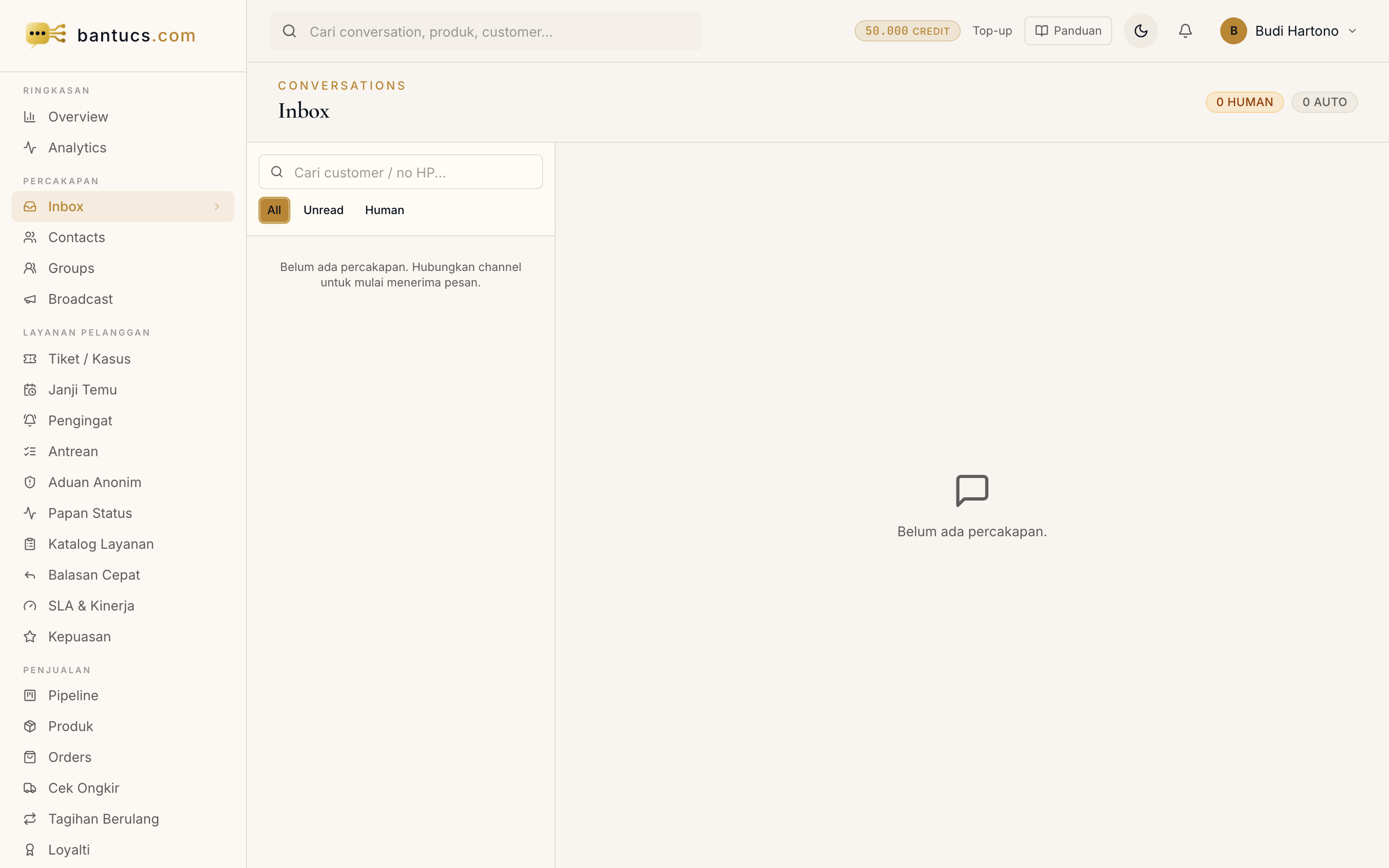 Halaman Inbox di dashboard