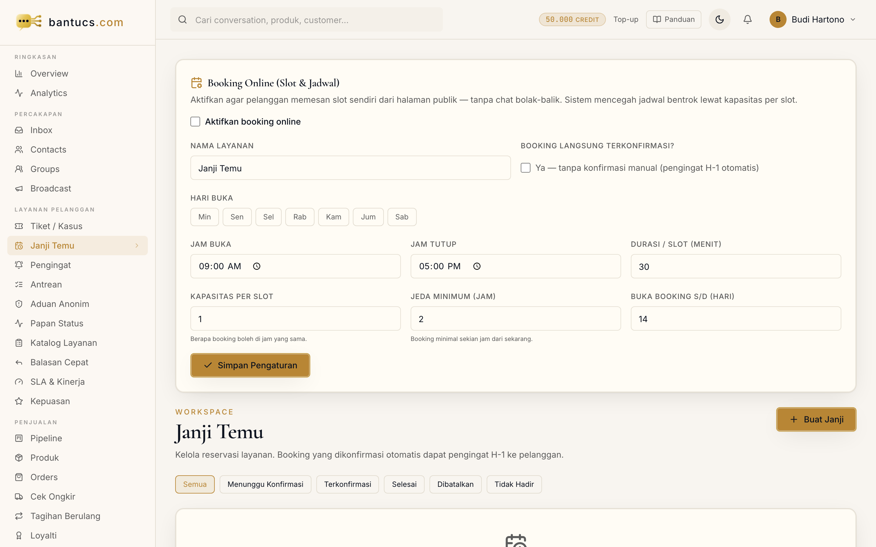 Halaman Janji Temu di dashboard