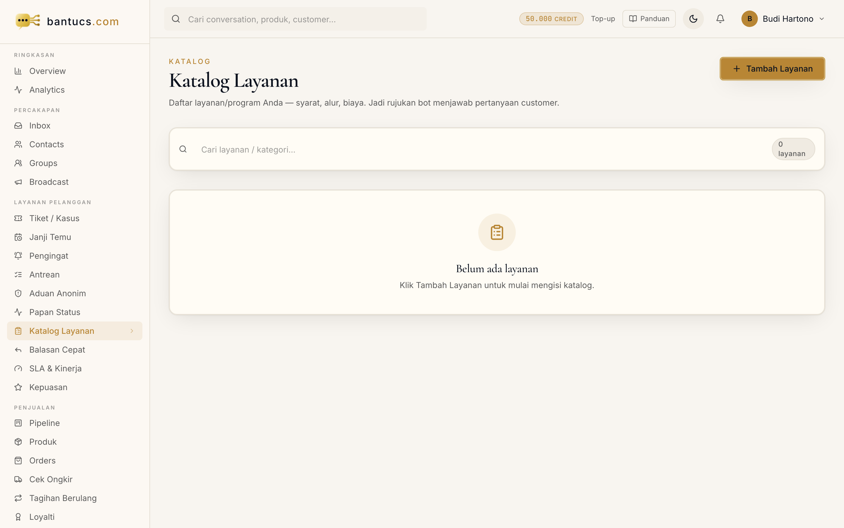 Halaman Katalog Layanan di dashboard