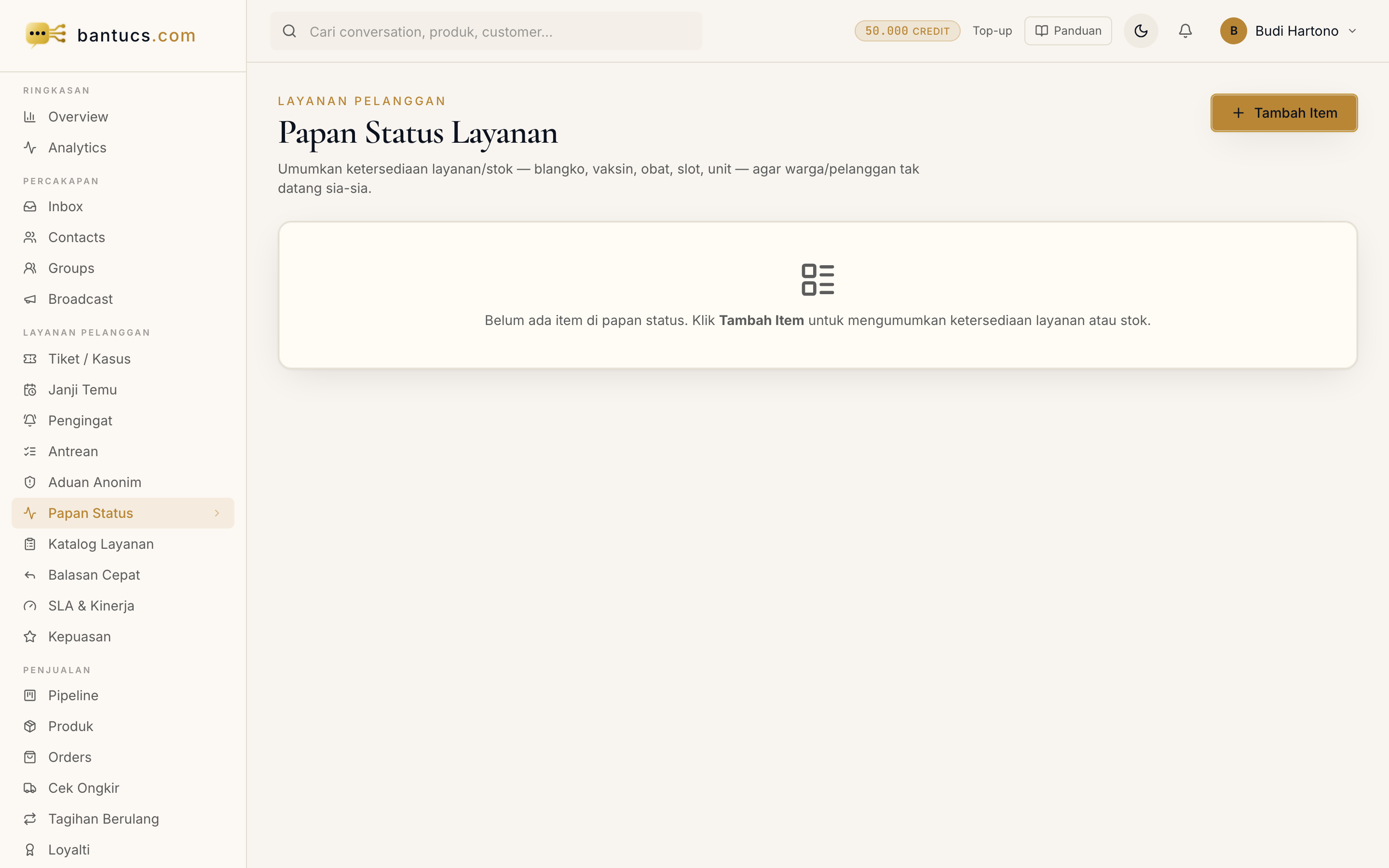 Halaman Papan Status di dashboard
