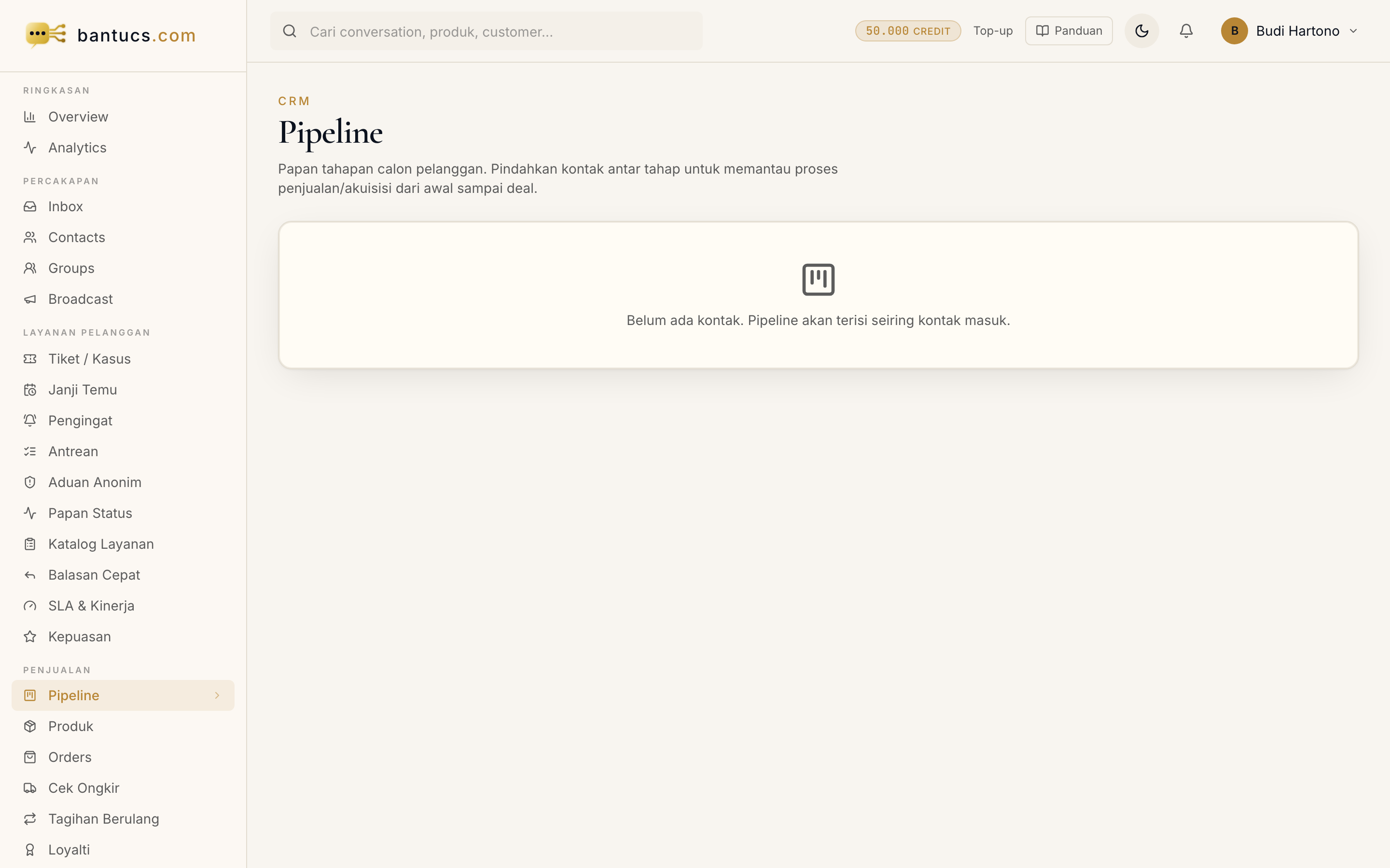 Halaman Pipeline di dashboard