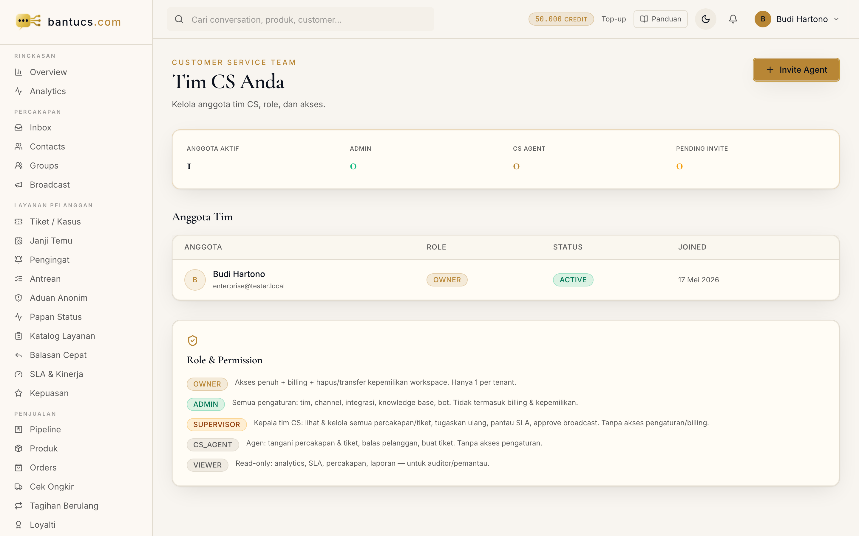 Halaman Tim CS di dashboard