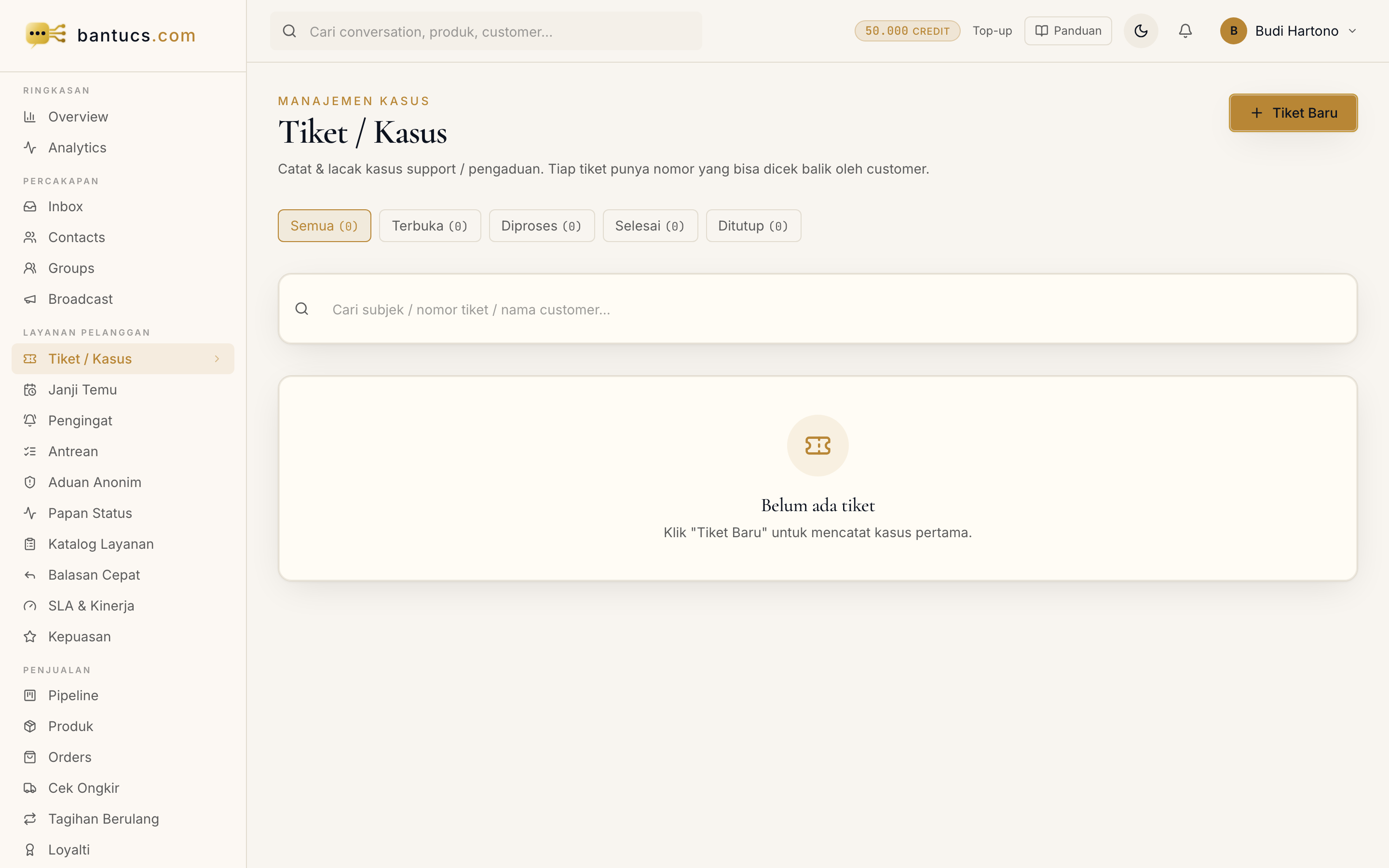 Halaman Tiket di dashboard