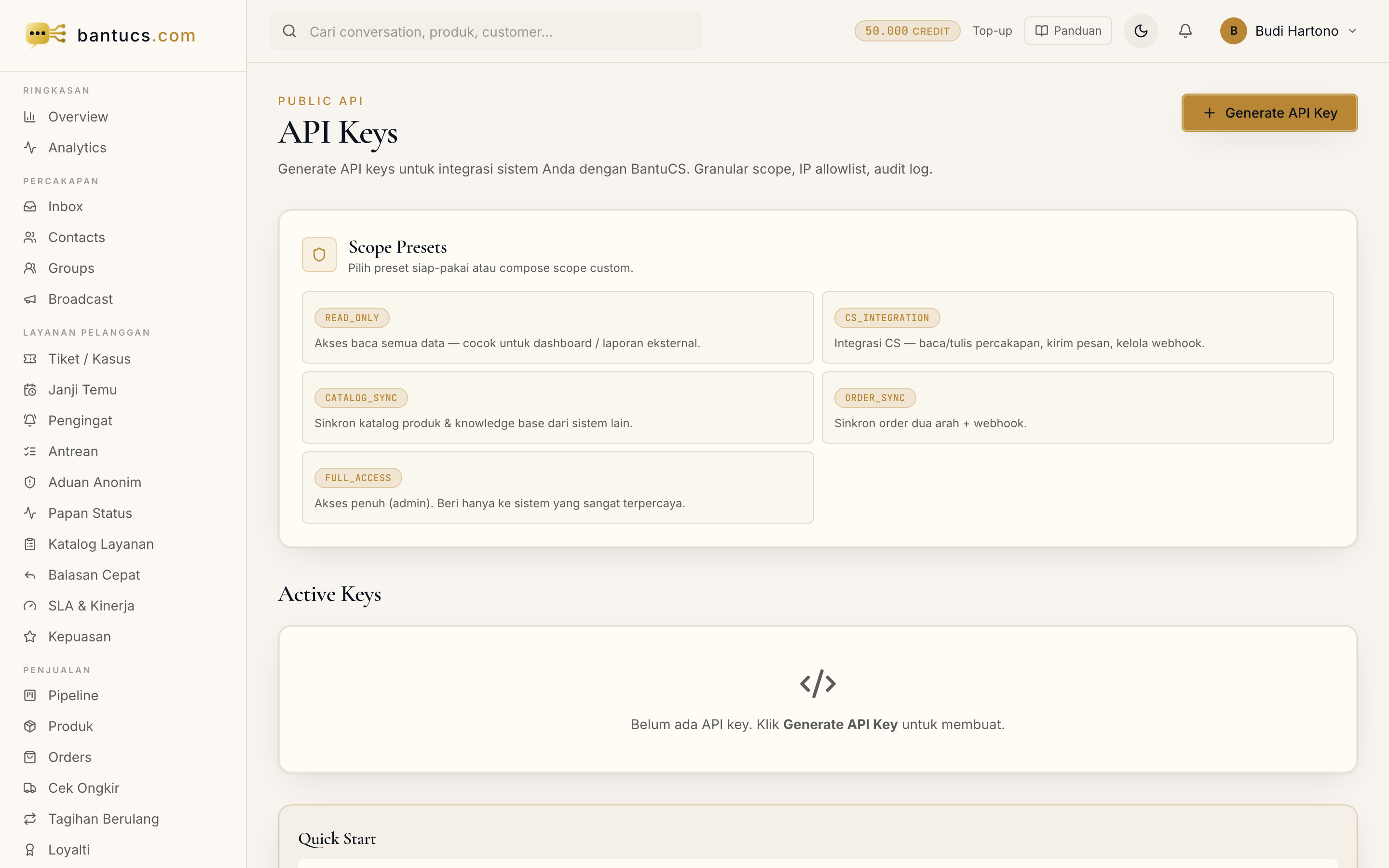 Halaman API Keys di dashboard
