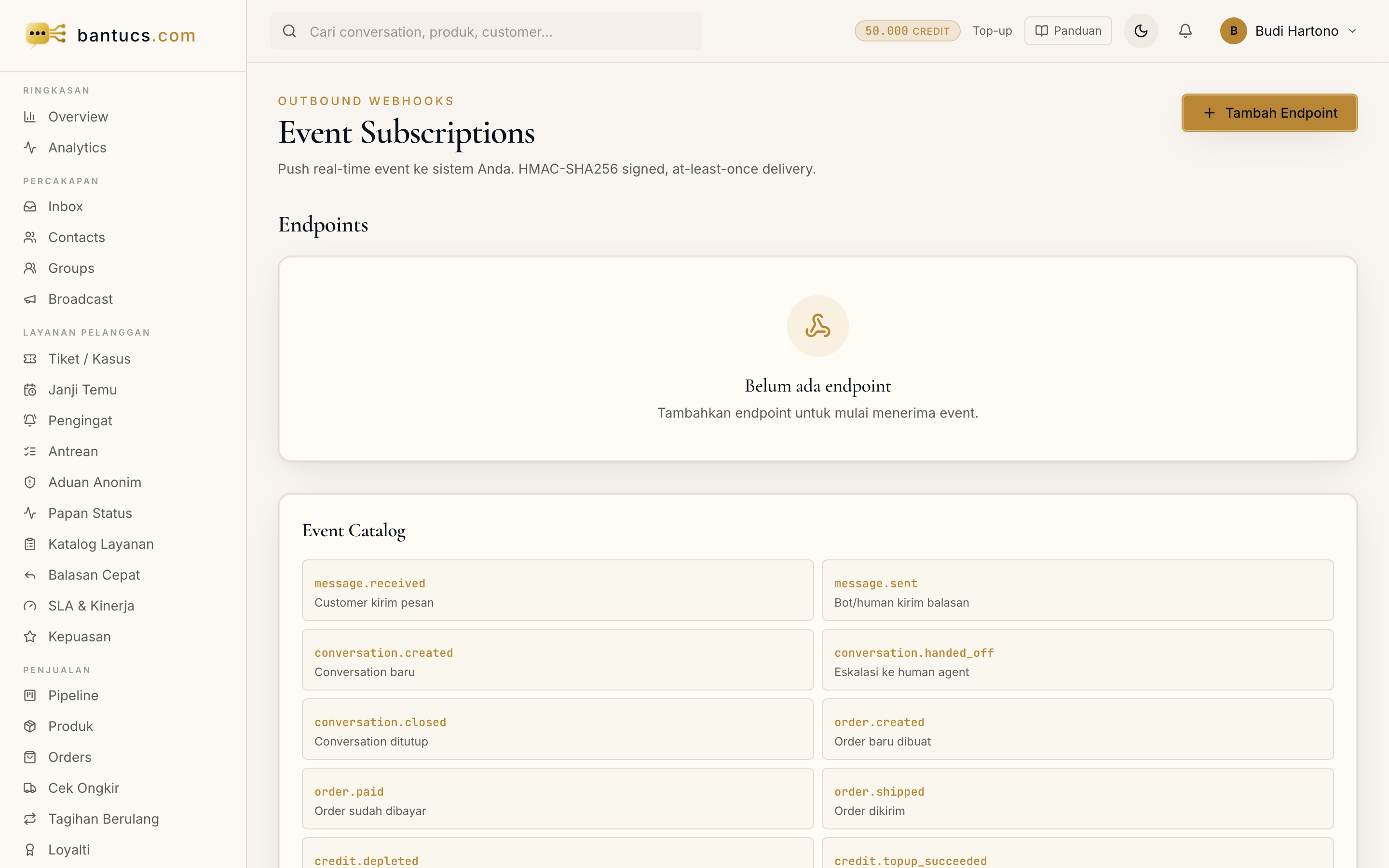 Halaman Webhooks di dashboard