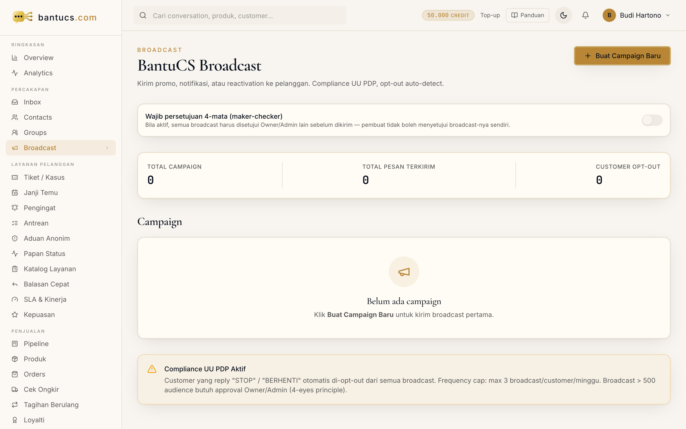 Halaman Broadcast di dashboard