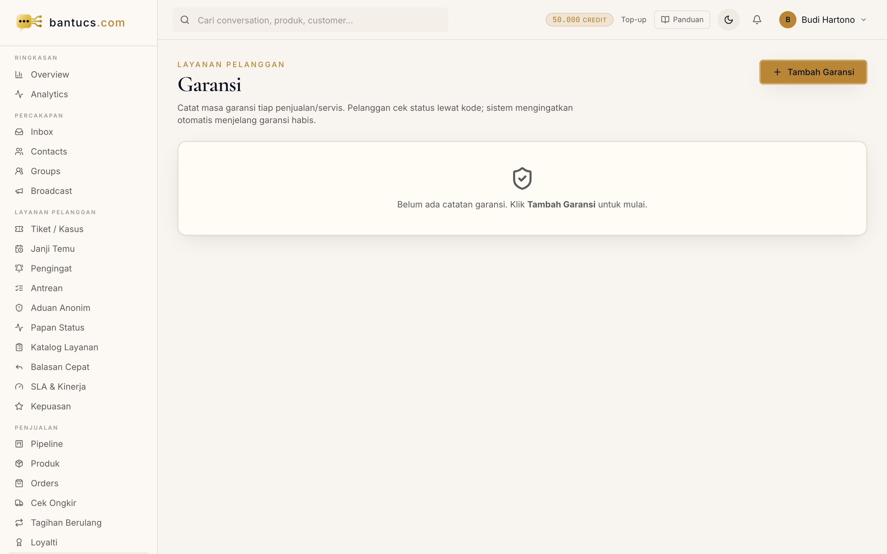 Halaman Garansi di dashboard