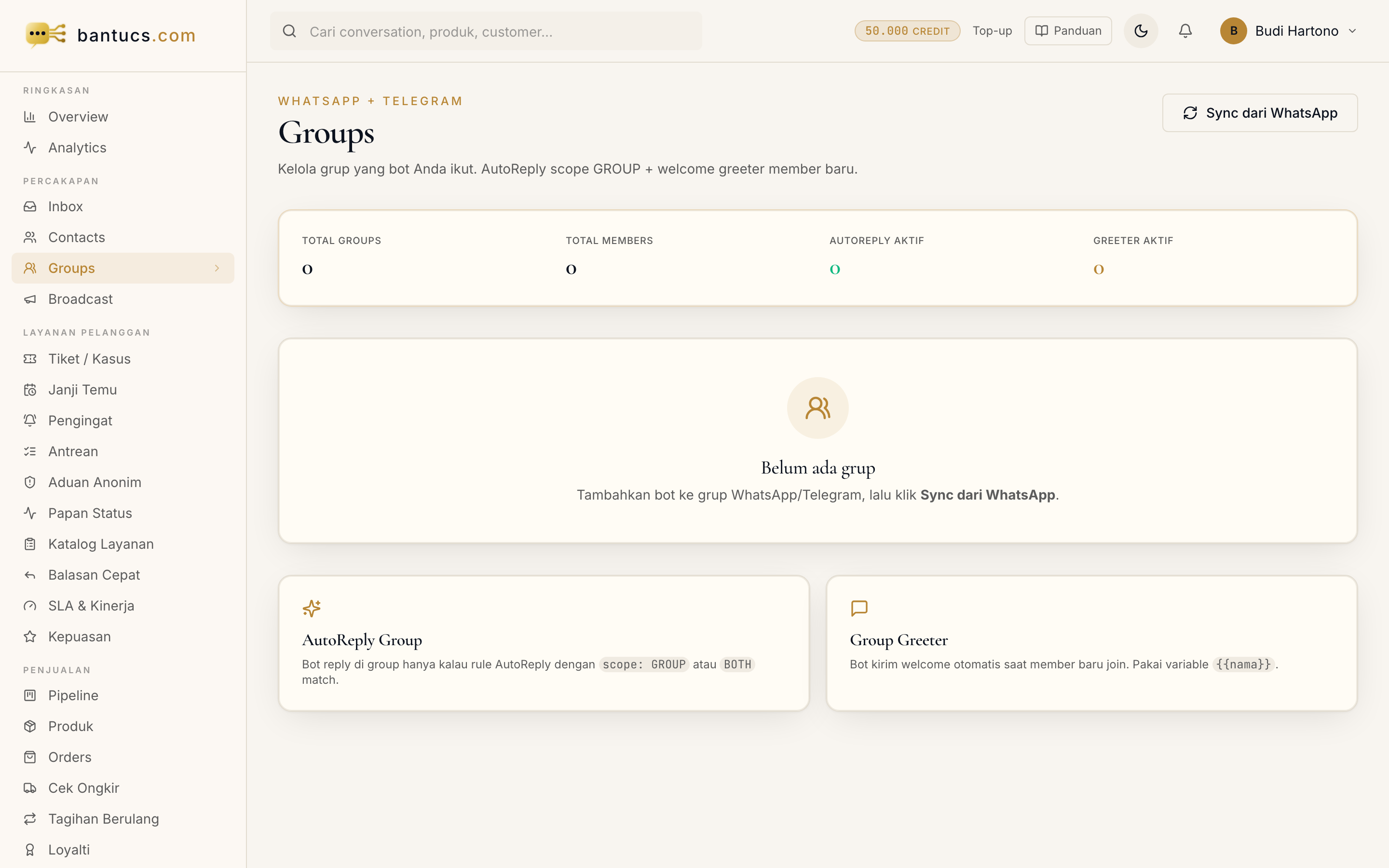 Halaman Groups di dashboard