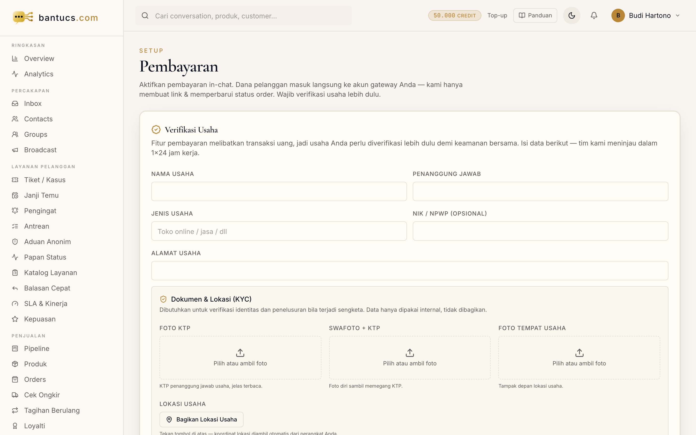 Halaman Verifikasi Usaha di dashboard