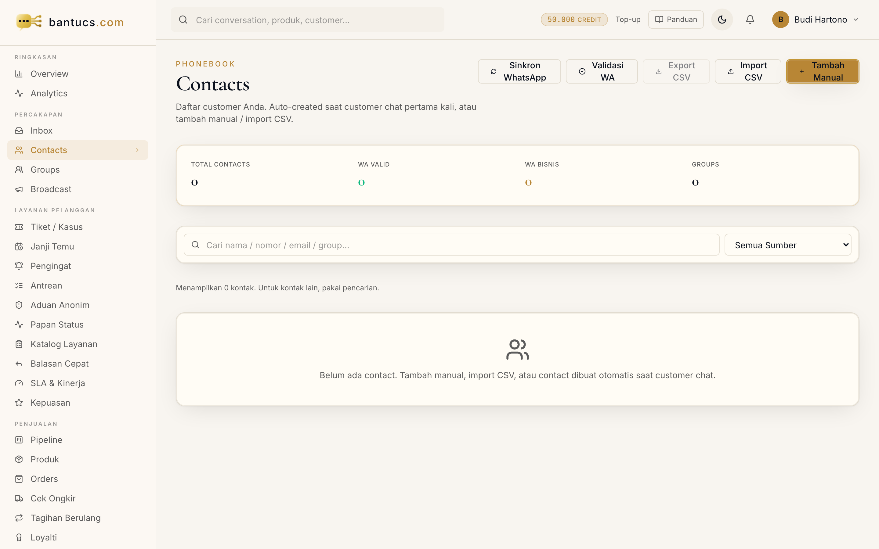 Halaman Contacts di dashboard
