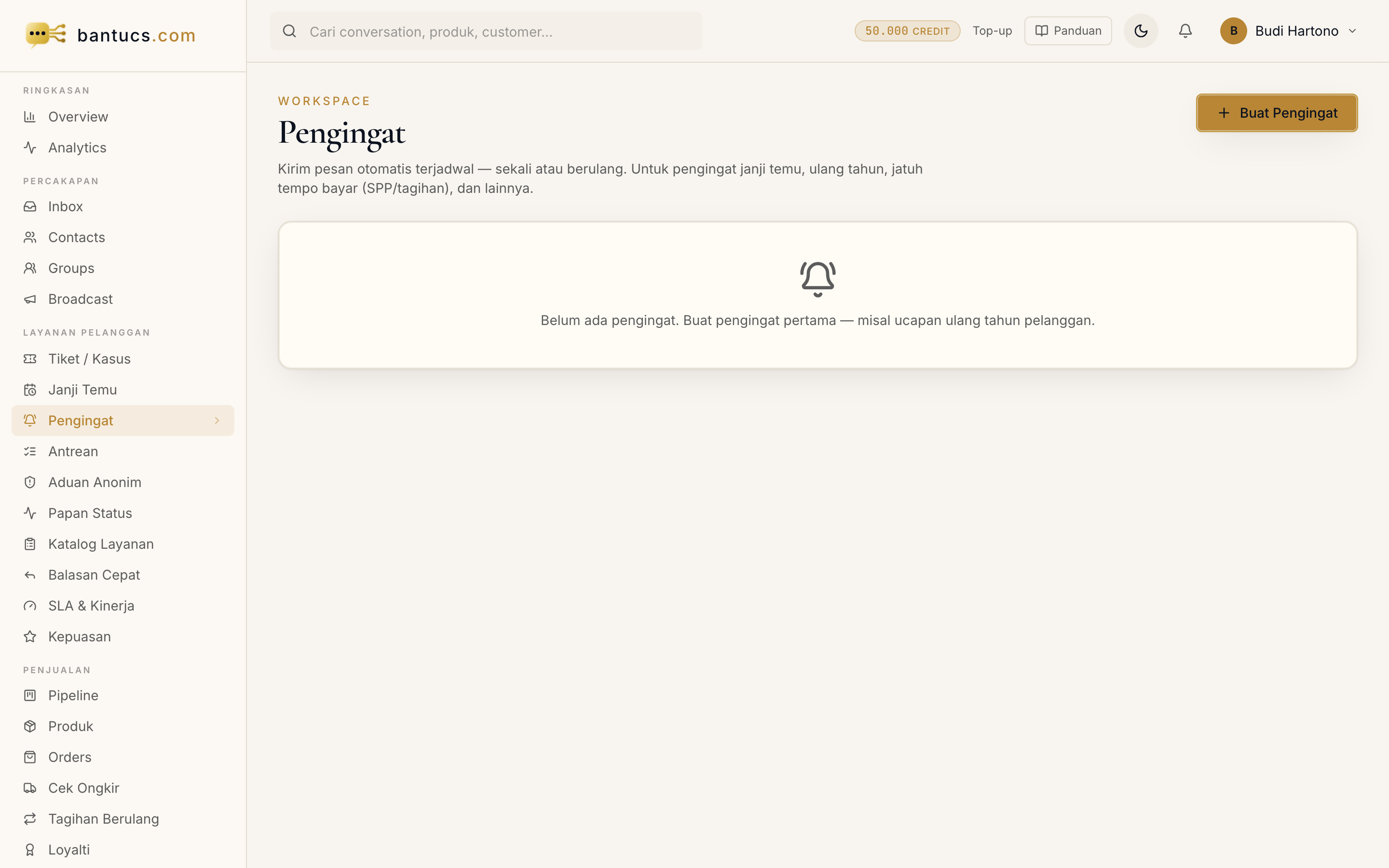 Halaman Pengingat di dashboard