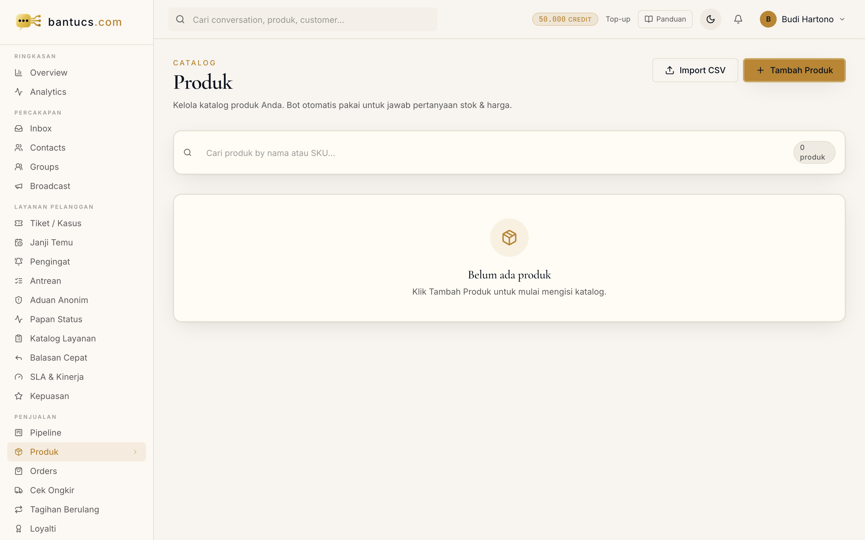 Halaman Produk di dashboard