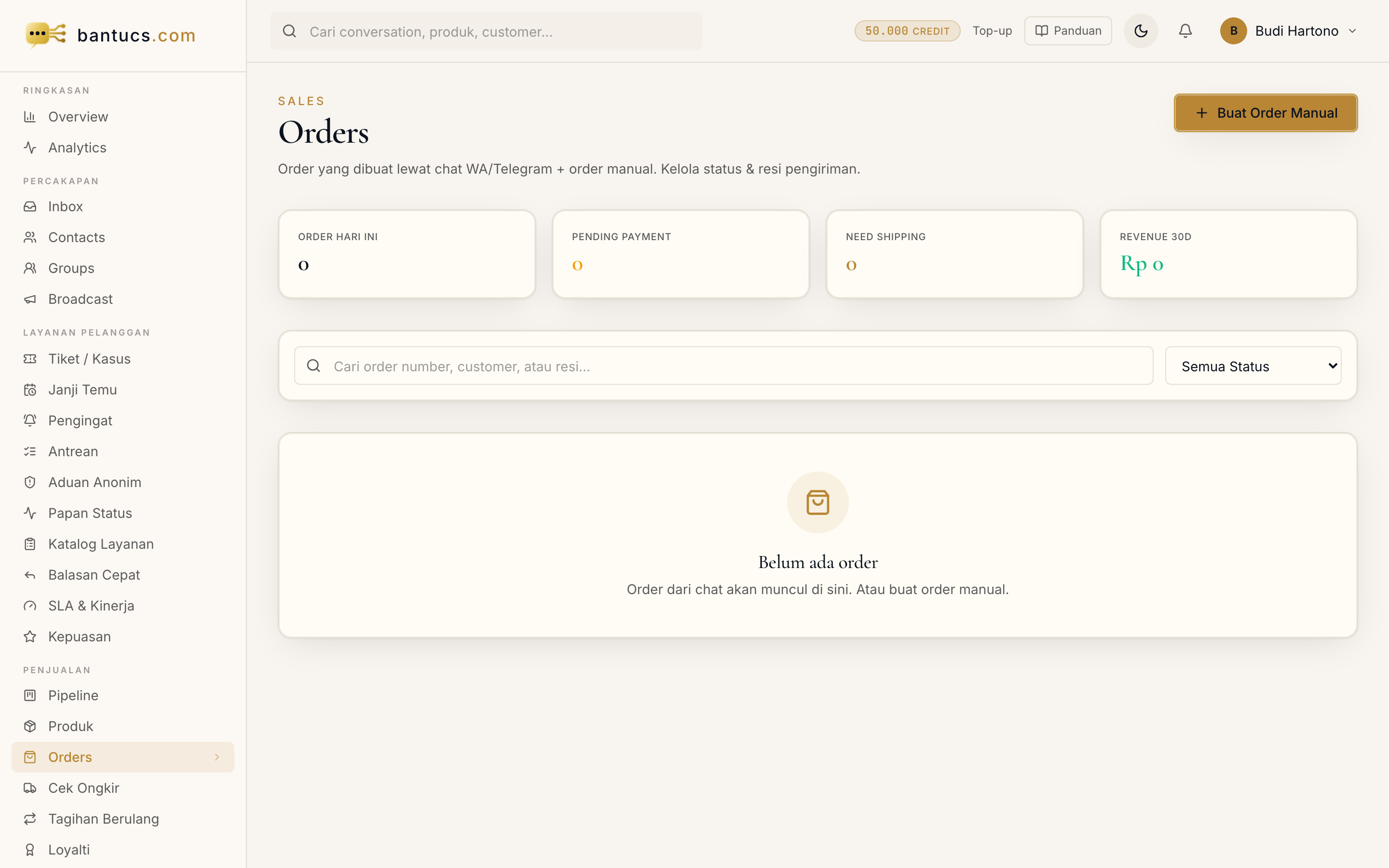 Halaman Pesanan di dashboard